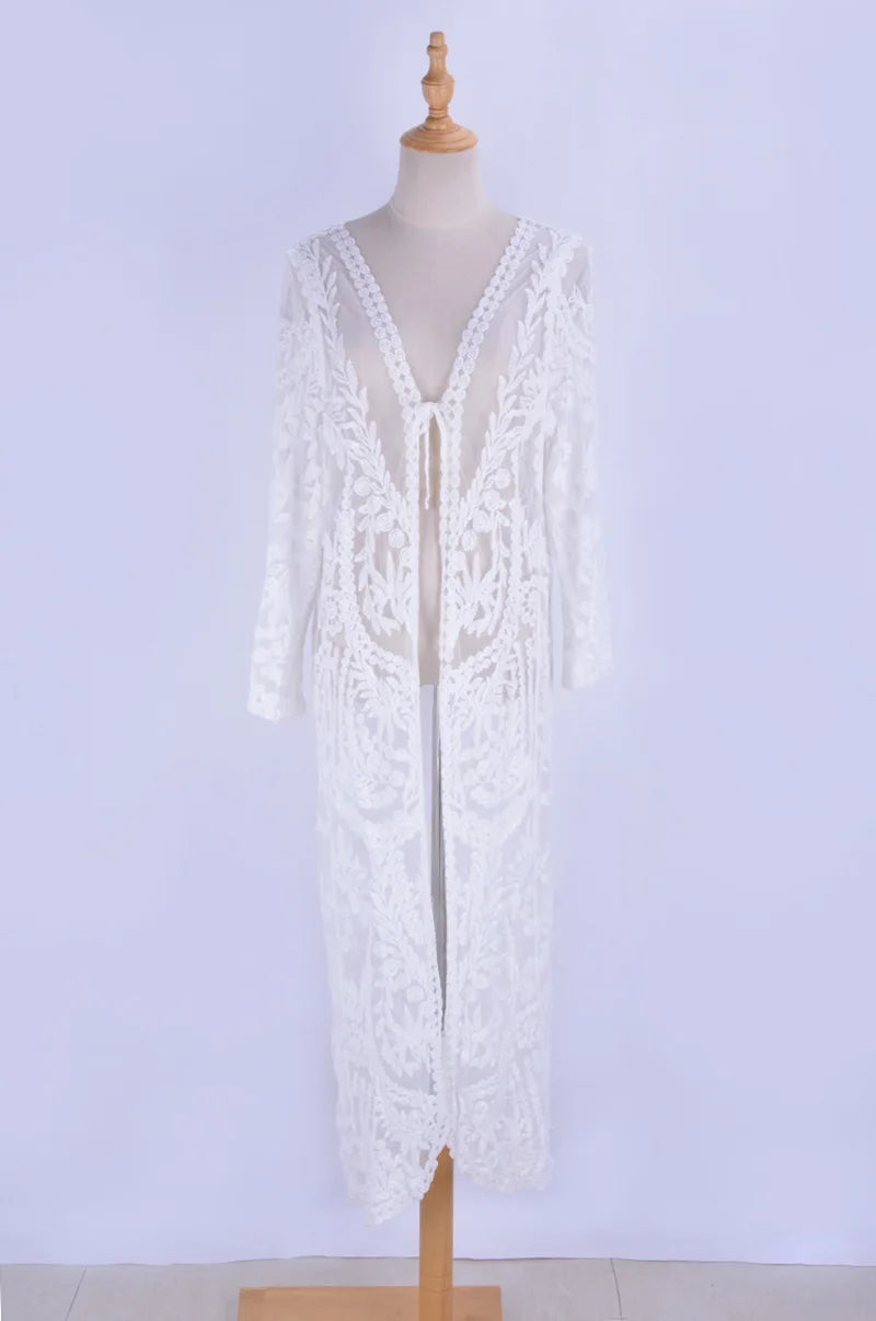 Fitshinling Bohemian White Beach Cover-Up Swimwear Sarong Embroidery Lace Kimono Sexy Transparent Long Cardigan Saida de Praia.