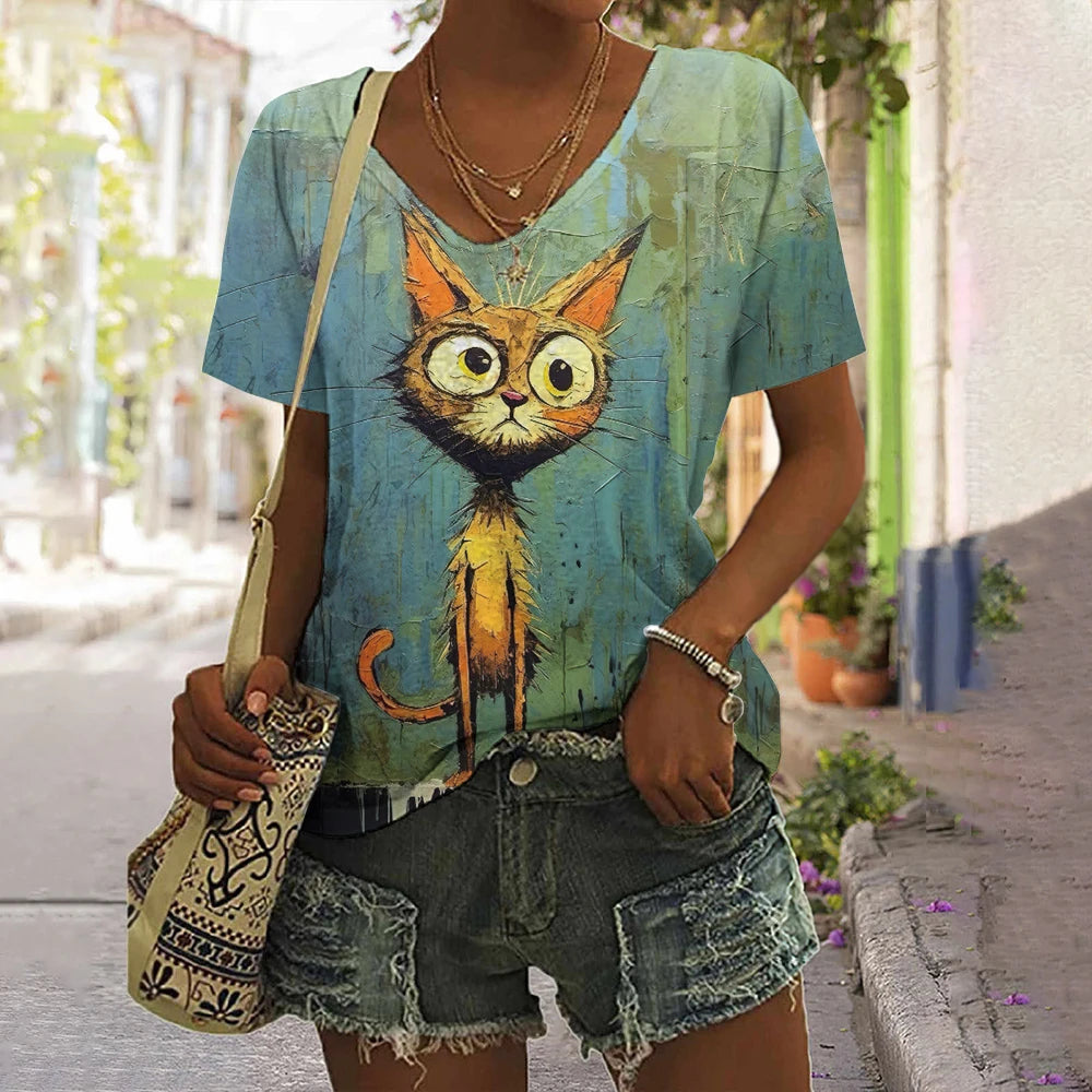 Summer Women's T Shirt Anger Cat Print Casual Short Sleeve 3d T Shirts Streetwear Crew Neck Pullover Oversized Female Clothing.