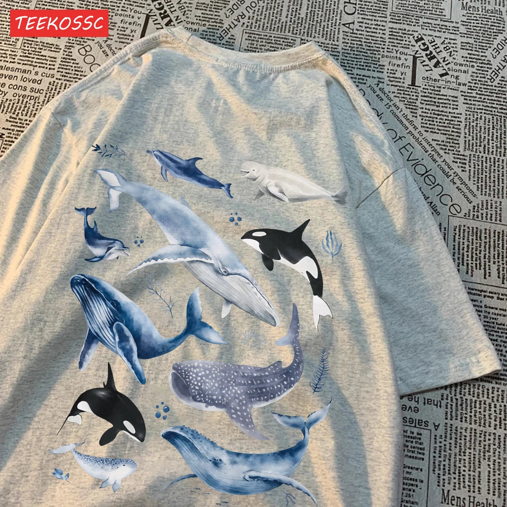 Fashion Cotton Women'S T-Shirts Ocean And Whales Printing Tops Oversize O-Neck Soft Short Sleeve Summer Casual Female Clothes.