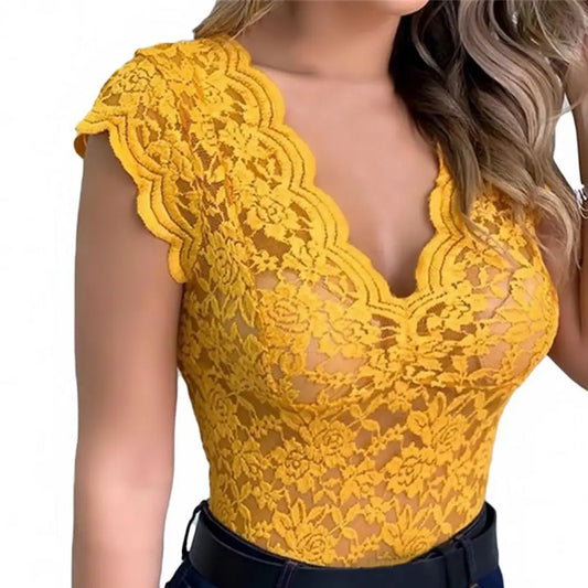 Sexy Deep V Neck Sleeveless Lace Blouse Shirts Summer Fashion Women Lace Patchwork Pullover Tops.