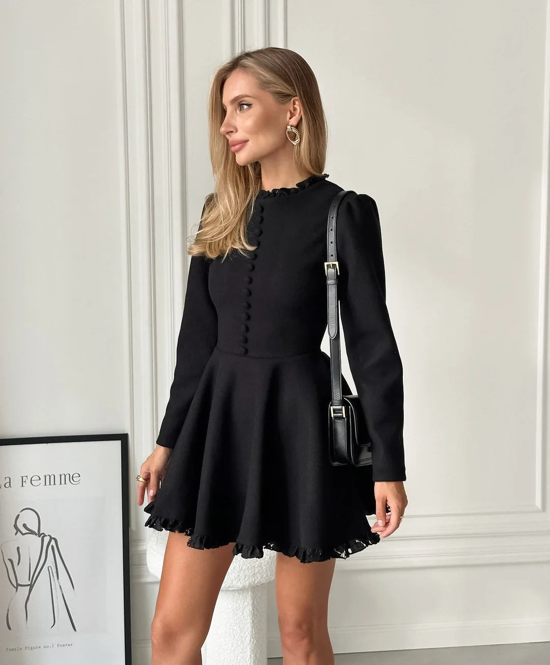 Autumn And Winter New Black Round Neck Lace Hem Design A-line Skirt 2024 Slim Fit Commuting Dress Cross-Border Women's Clothing.