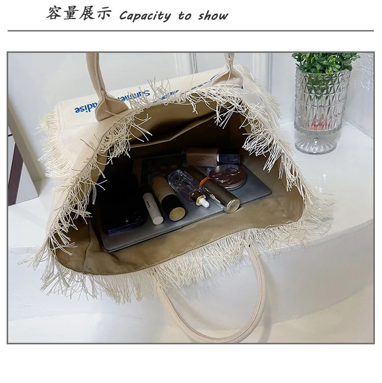 Popular Korean letters tassel canvas bag large-capacity bag simple commuting students to single shoulder Tote bag - Elevate Your Body