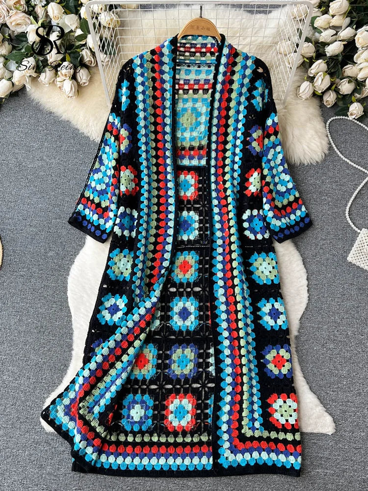 SINGREINY Summer Holiday Beach Long Cardigans Spring Fashion Vintage Floral Knit Cardigan Streetwear Loose Hollow Out Overcoat.