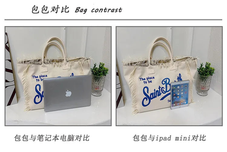 Popular Korean letters tassel canvas bag large-capacity bag simple commuting students to single shoulder Tote bag - Elevate Your Body