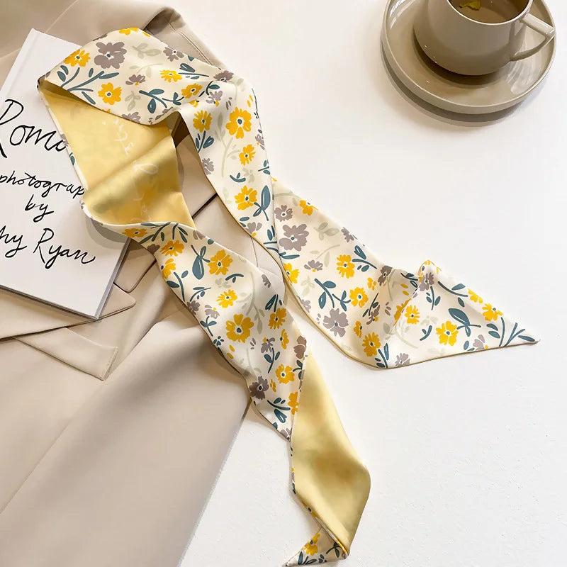 Elegant Yellow and White Silk Scarf for Women - Versatile Hair Tie and Bag Accessory for Spring and Summer.