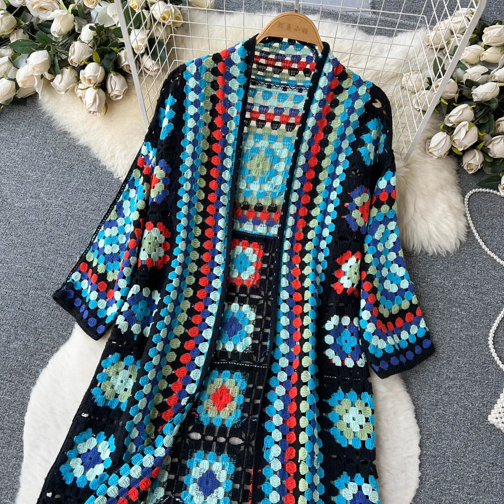 SINGREINY Summer Holiday Beach Long Cardigans Spring Fashion Vintage Floral Knit Cardigan Streetwear Loose Hollow Out Overcoat.