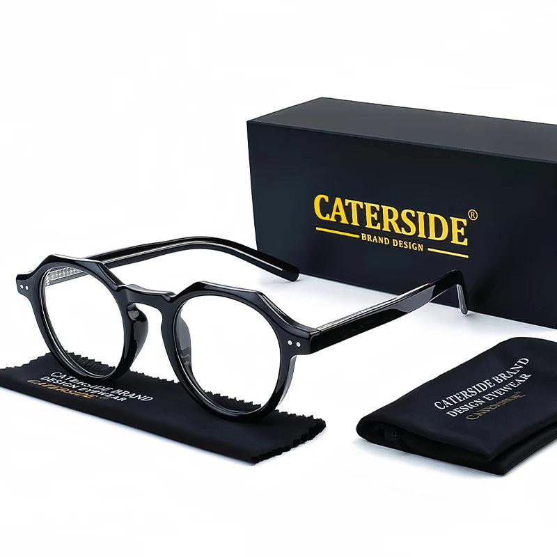 Caterside Retro Acetate Polygon Glasses for Men and Women - High-Quality Transparent Lens Business Eyewear.