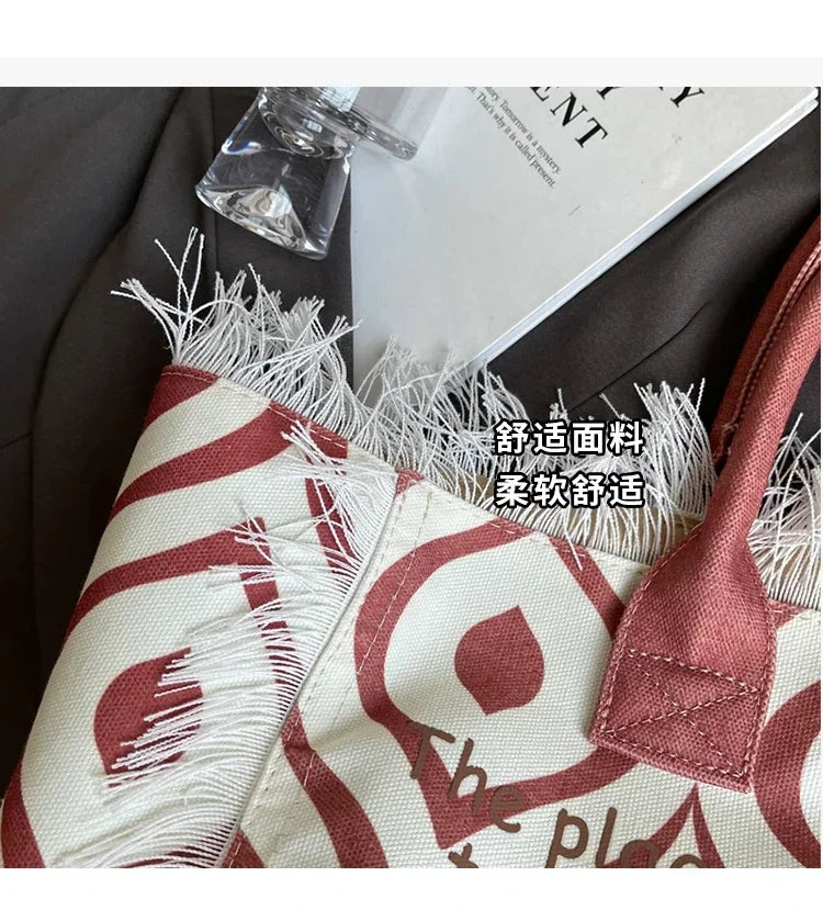 Popular Korean letters tassel canvas bag large-capacity bag simple commuting students to single shoulder Tote bag - Elevate Your Body