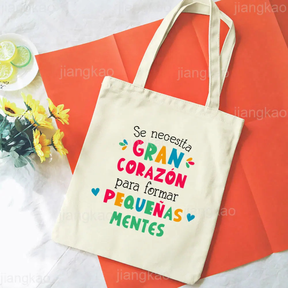 It's Takes A Big Heart To Shape Little Minds Spanish Print Shoulder Bag Female Shopping Tote Travel Handbag Bookbag Teacher Gift.