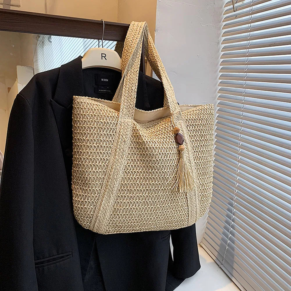 Summer Straw Women Bag Hand-Woven Handbags Handmade Raffia Beach Boho Shoulder Bag Large Tote Bag Tassel Shopping Purses 2024