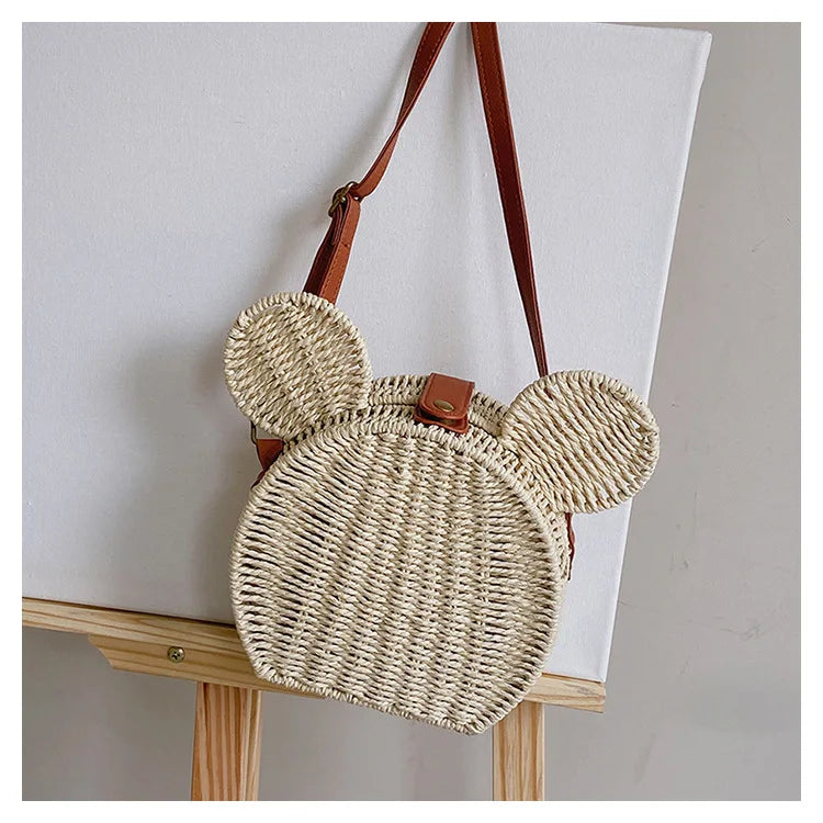 Disney 2023New Ladies Designer Straw Fancy Bag Cute Handbag Rattan Travel Leisure Vacation Small Round Beach Mickey Shoulder Bag - Elevate Your Body