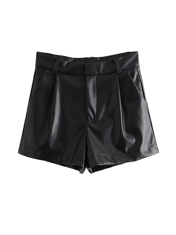 TRAF-Women's Faux Leather Shorts with Side Pockets, High Waist, Zipper Fly, Female Short Pants, Chic Fashion.