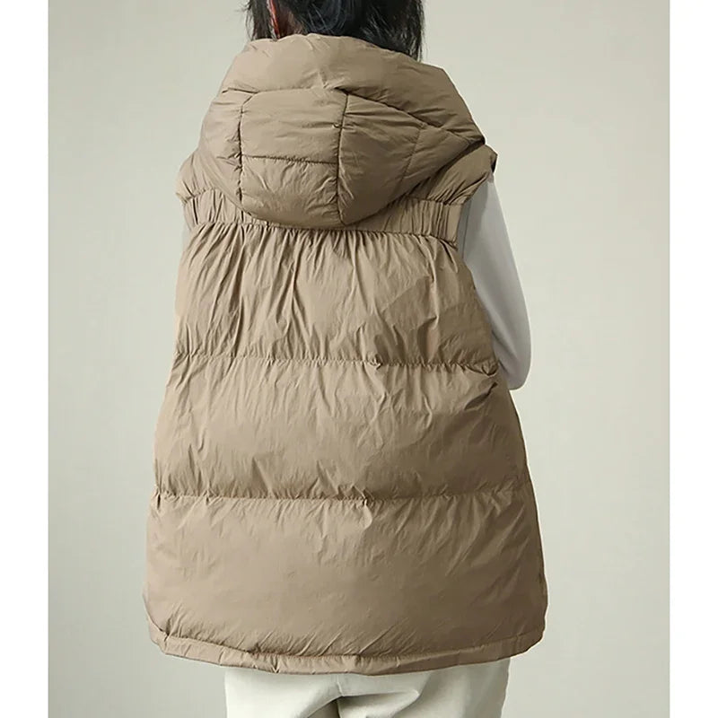 Schinteon Women White Duck Down Vest with Hood Autumn Winter Warm Over Size Casual Sleeveless Jacket Top Fashionable Gilet 2024.