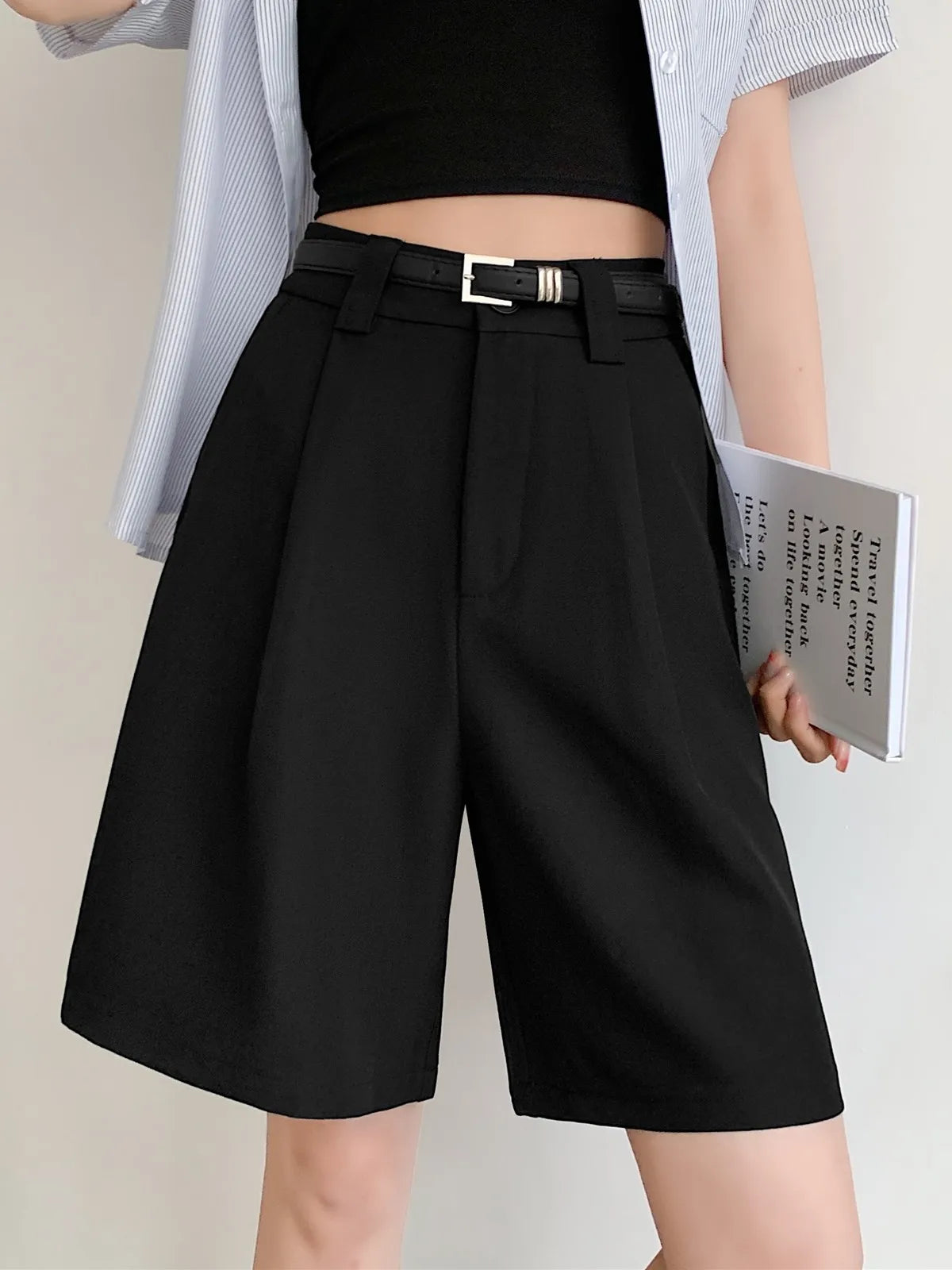 ZHISILAO New Casual Knee Length Shorts Women Office Wear High Waist Wide Leg Shorts Summer 2023.