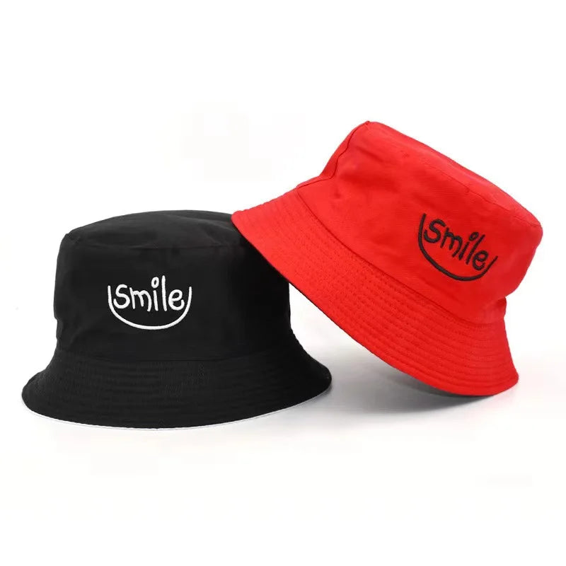 Unisex Smile Embroidered Bucket Hat - Double-Sided Cotton Corduroy Bob Cap for Beach, Fishing, and Casual Outings.