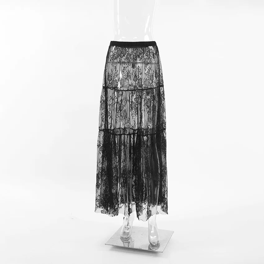 Sexy Lace Dark Perspective High Waist Skirt European Summer Fashion Mesh Long Skirt Fashion Streetwear Loose Oversize Skirt.