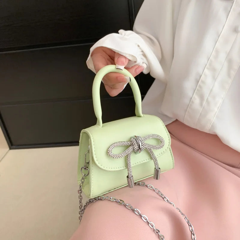 Bow Design Solid Color Mini Shoulder Bag PU Leather Flap Crossbody Bags for Women 2024 Fashion Female Chain Purse and Handbags