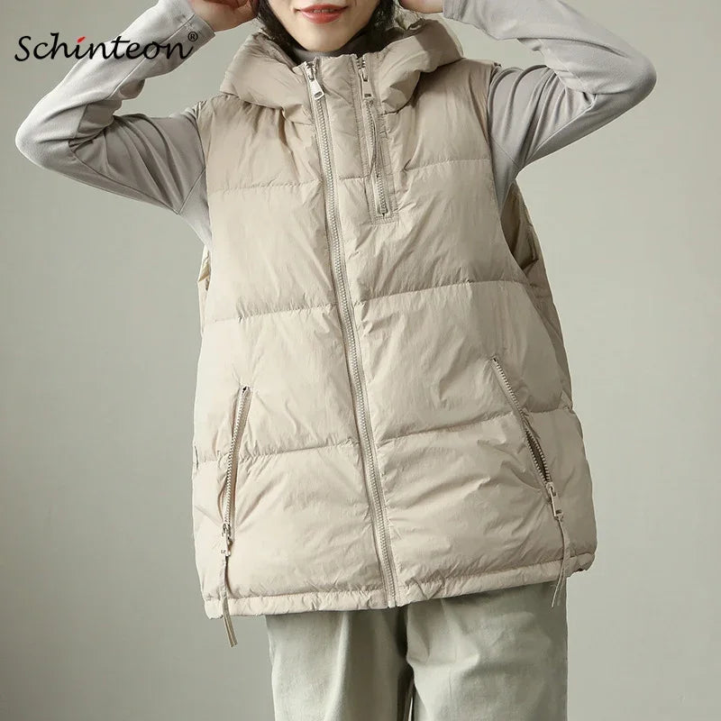 Schinteon Women White Duck Down Vest with Hood Autumn Winter Warm Over Size Casual Sleeveless Jacket Top Fashionable Gilet 2024.