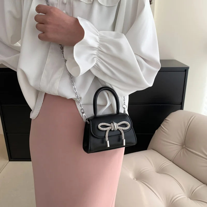 Bow Design Solid Color Mini Shoulder Bag PU Leather Flap Crossbody Bags for Women 2024 Fashion Female Chain Purse and Handbags