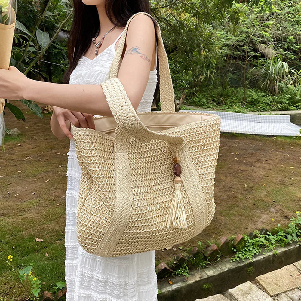 Summer Straw Women Bag Hand-Woven Handbags Handmade Raffia Beach Boho Shoulder Bag Large Tote Bag Tassel Shopping Purses 2024.