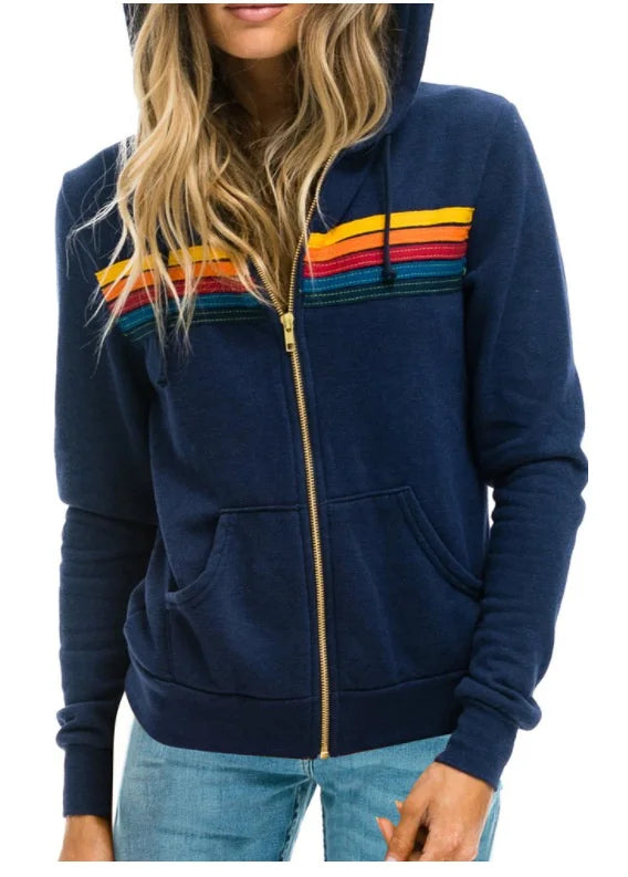 2025 Women Men Zipper Rainbow Long Sleeve Hooded Sweatershirt Harajuku Elastic Hip Hop 5 Stripe Hoodies Jacket - Elevate Your Body