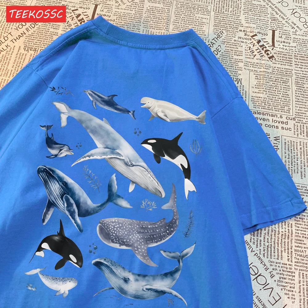 Fashion Cotton Women'S T-Shirts Ocean And Whales Printing Tops Oversize O-Neck Soft Short Sleeve Summer Casual Female Clothes.