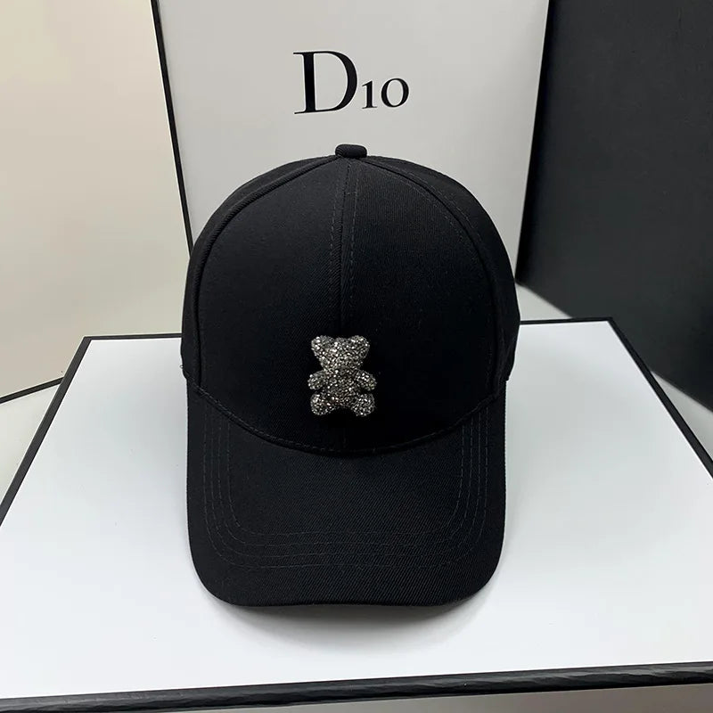 Korean Style Summer Rhinestone Baseball Cap for Women - Wild Bear Design Sun Hat for Casual Outdoor Hip Hop Fashion.