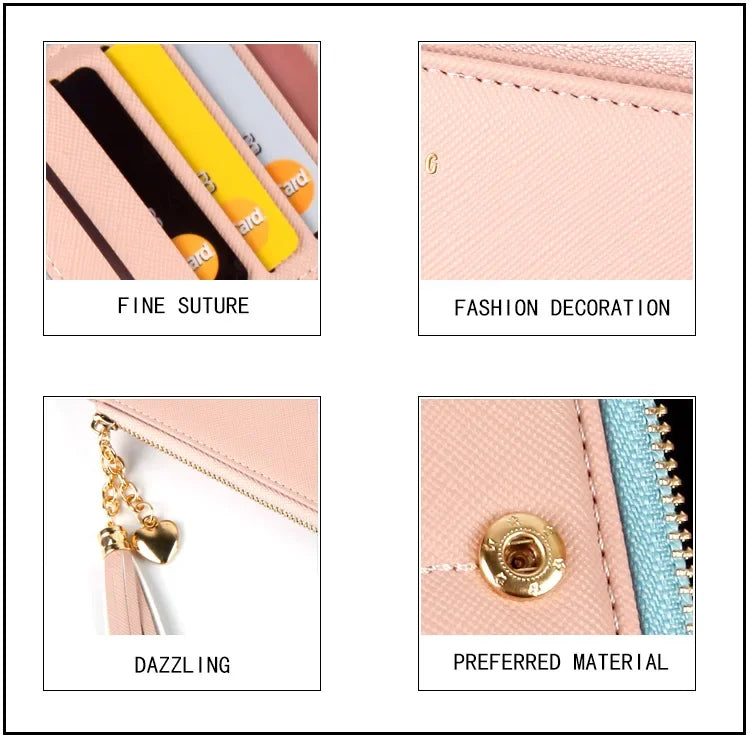 Women's Long Wallet,Multi Card slots Handheld Clutches,Tassel Zipper Clutch Purse,Slim Large Capacity Leather Mobile Phone Bag.