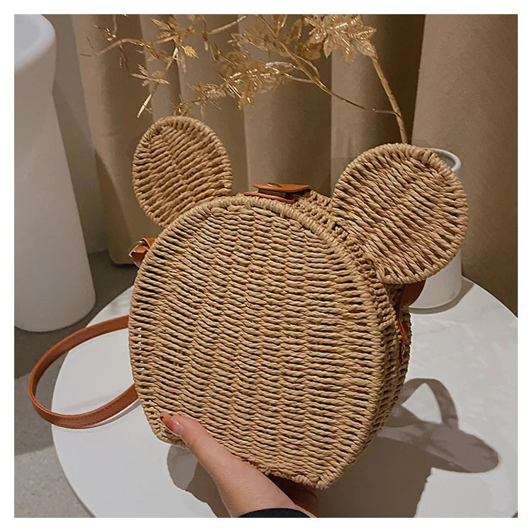 Disney 2023New Ladies Designer Straw Fancy Bag Cute Handbag Rattan Travel Leisure Vacation Small Round Beach Mickey Shoulder Bag - Elevate Your Body