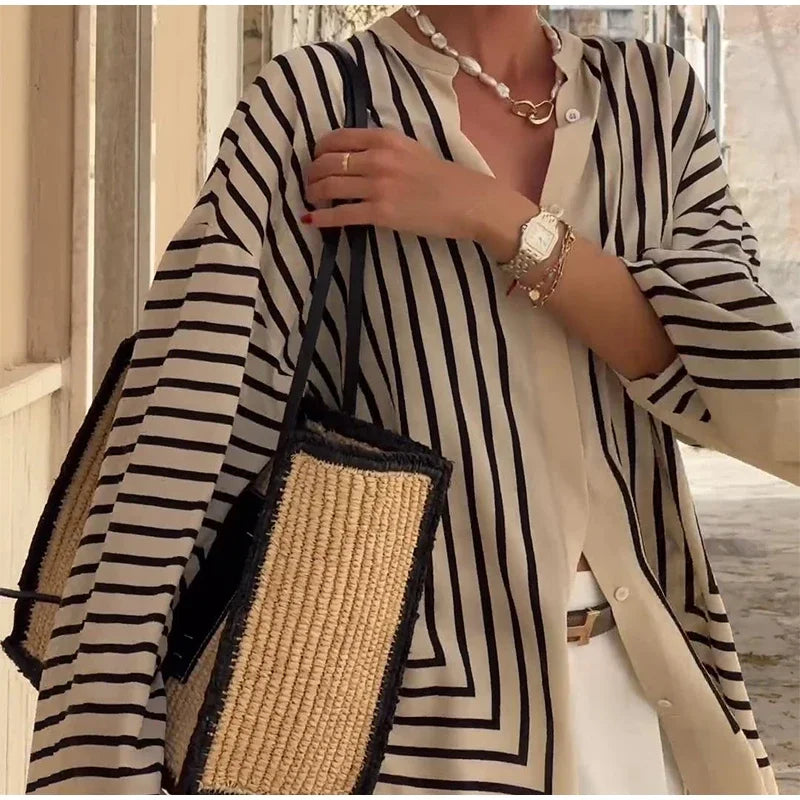 Casual Loose Striped Shirts Women Single Breasted Long Flare Sleeve O-neck Blouses 2024 Autumn New Female All-match Street Tops - Elevate Your Body