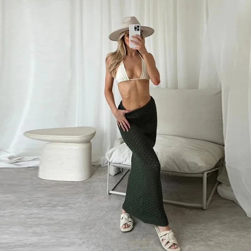 Elegant Knitted Long Skirt Women's Sets Hollow Out Lapel Short Sleeve Cropped Top  Maxi Skirts 2024 Summer Crochet Female Suit - Elevate Your Body