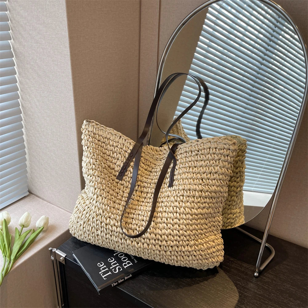 MOODS Luxury Design Straw Woven Tote Bags For Women Large Capacity Shoulder Beach Bag Pure Color Summer New Big Shopping Handbag.