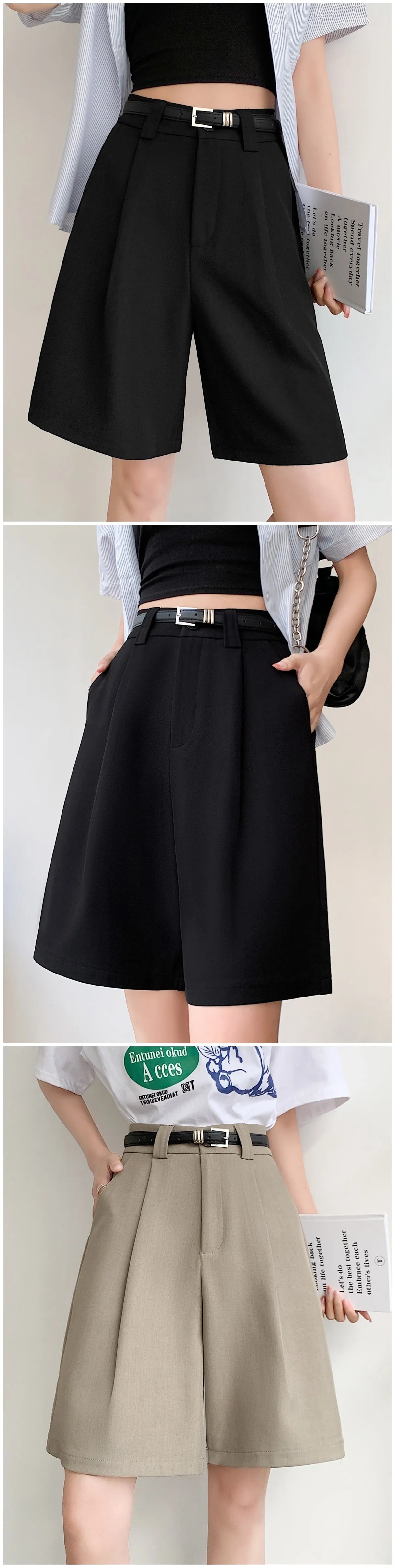 ZHISILAO New Casual Knee Length Shorts Women Office Wear High Waist Wide Leg Shorts Summer 2023.