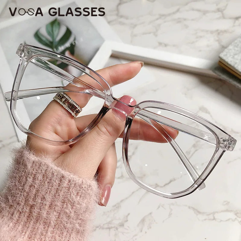 Stylish Oversized Transparent Square Myopia Glasses for Men and Women with Anti-Blue Light Lenses (-600 to 0)