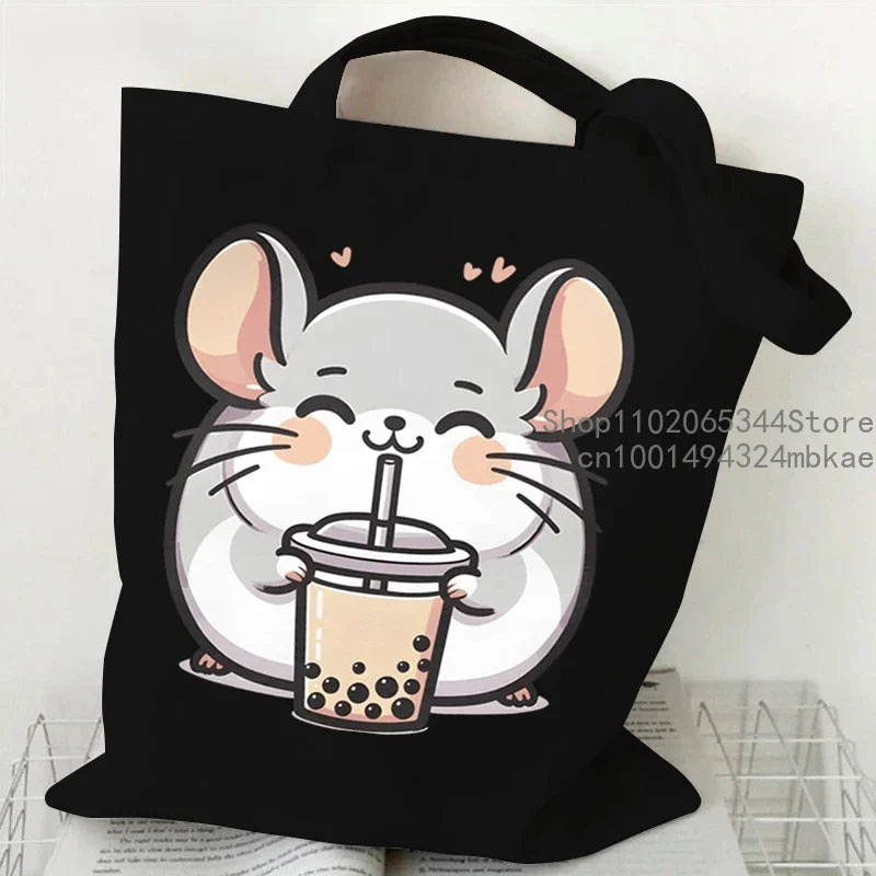 Cute Mouse Bobo Tea Pattern Canvas Shoulder Bag Women Animal Milk Tea Graphic Tote Bags Panda Frog Cartoon Women Shopping Purse.