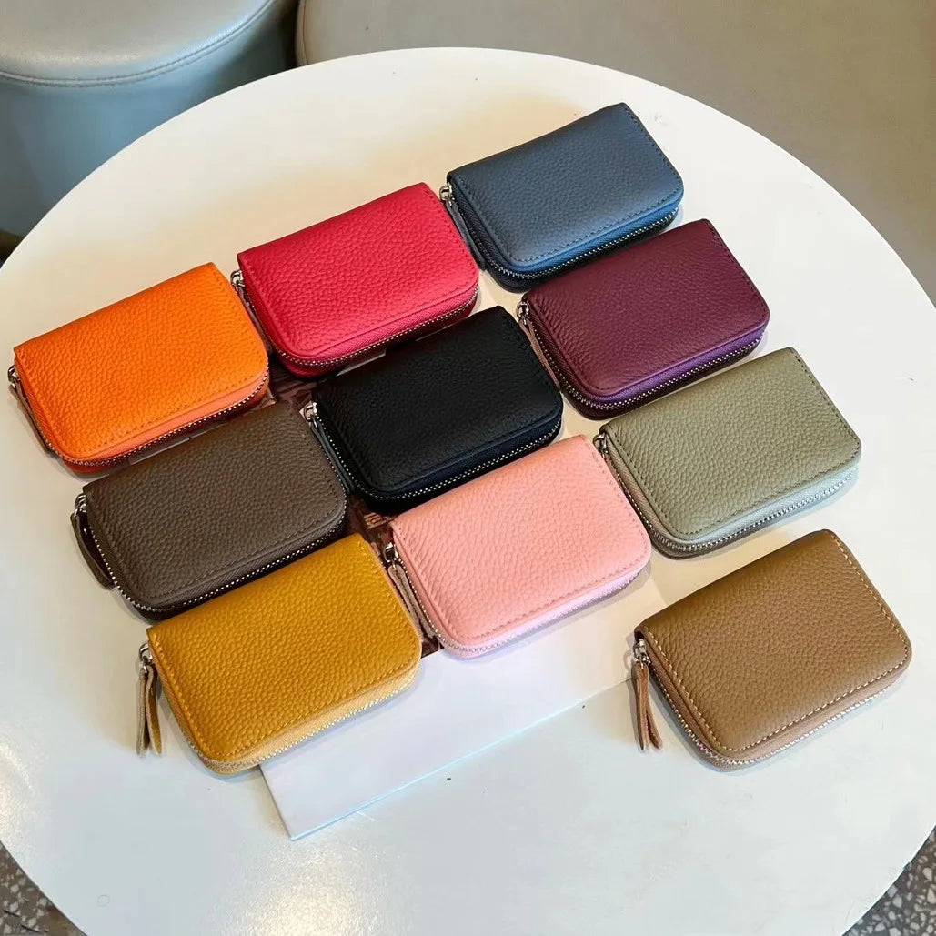 Custom Letters Fashion Genuine Leather Card Holder Large Capacity Women's Organ Card Sleeve Bag Zipper Small Coin Purse Wallet.