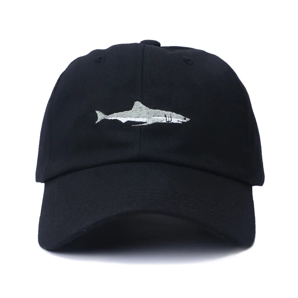 Embroidered Shark Design Washed Cotton Baseball Cap for Men and Women - Hip Hop Style Adjustable Fishing Snapback Hat.