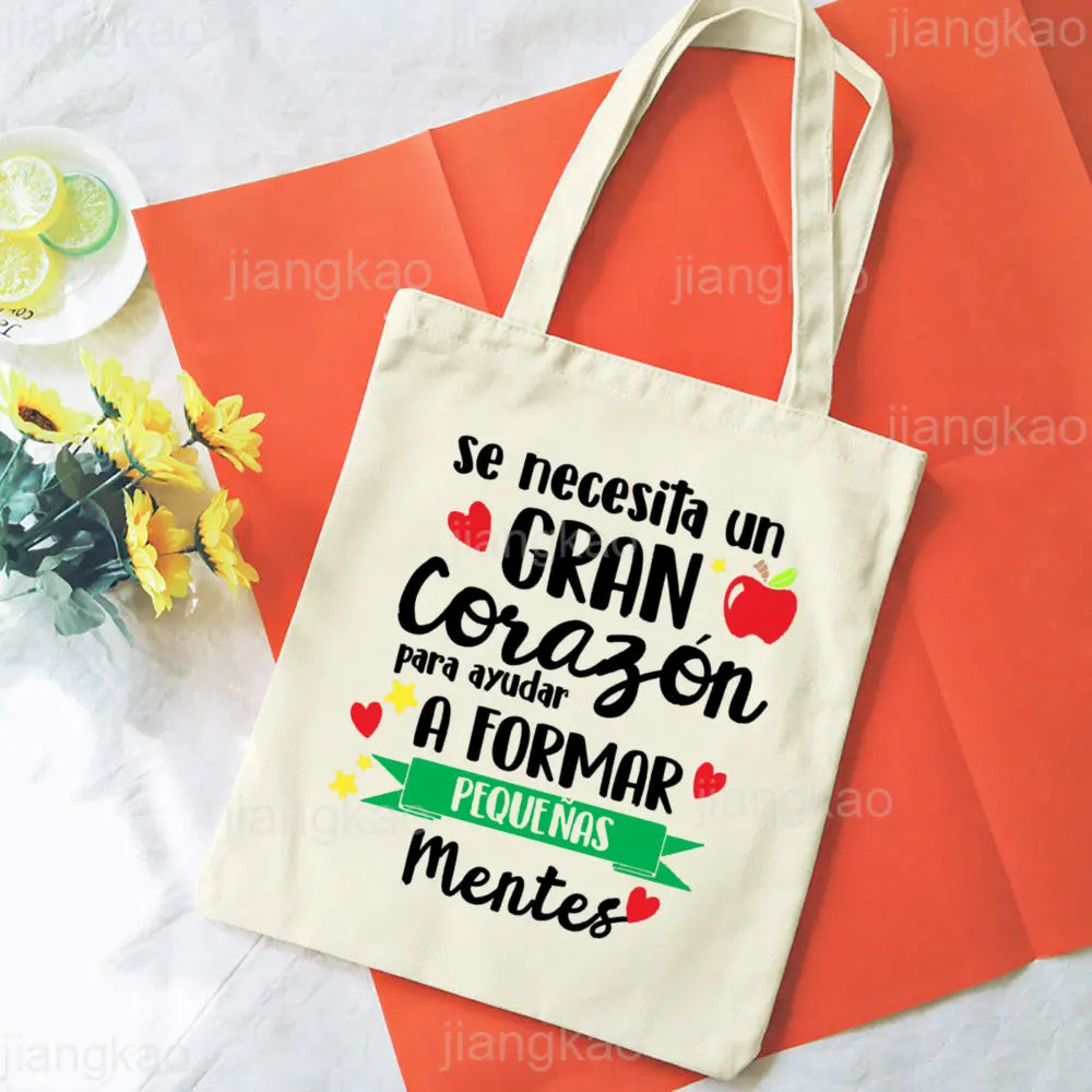 It's Takes A Big Heart To Shape Little Minds Spanish Print Shoulder Bag Female Shopping Tote Travel Handbag Bookbag Teacher Gift.