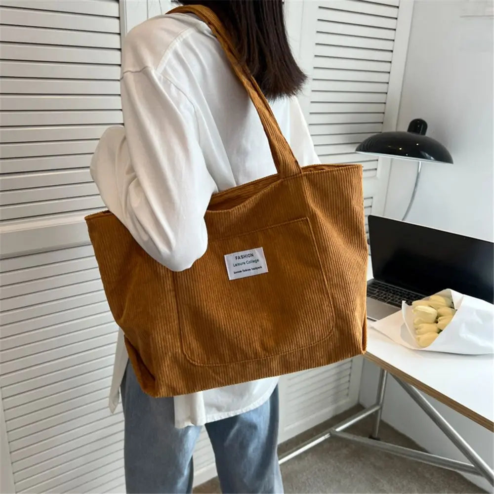 Autumn Winter Corduroy Totes Bag Women's Large Capacity Shoulder Bag Fashion Vintage Solid Color Handbags.