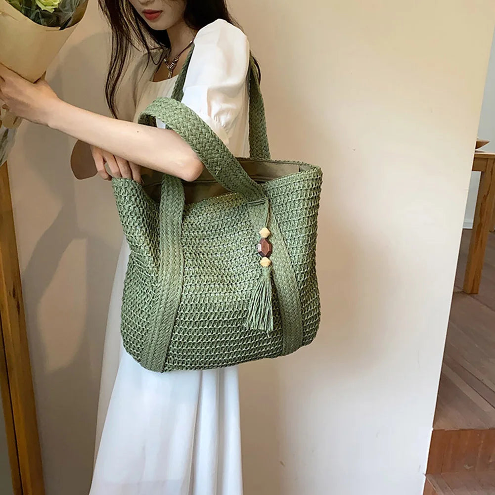 Women Shoulder Bag Summer Hand-Woven Handbags Fashion Handmade Simple Large Capacity with Tassel Pendant Shopping Handbag Tote.