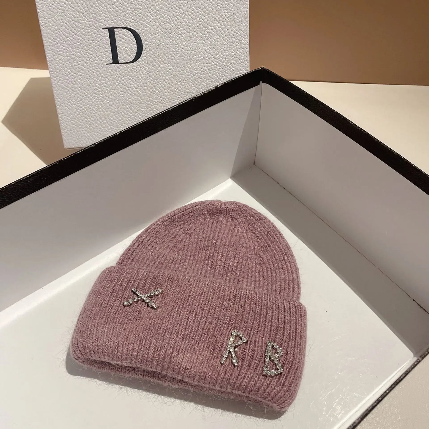 Luxury Rabbit Fur Beanie with Diamond Letters for Women - Cozy Winter Knitted Hat for Casual Outdoor Activities.