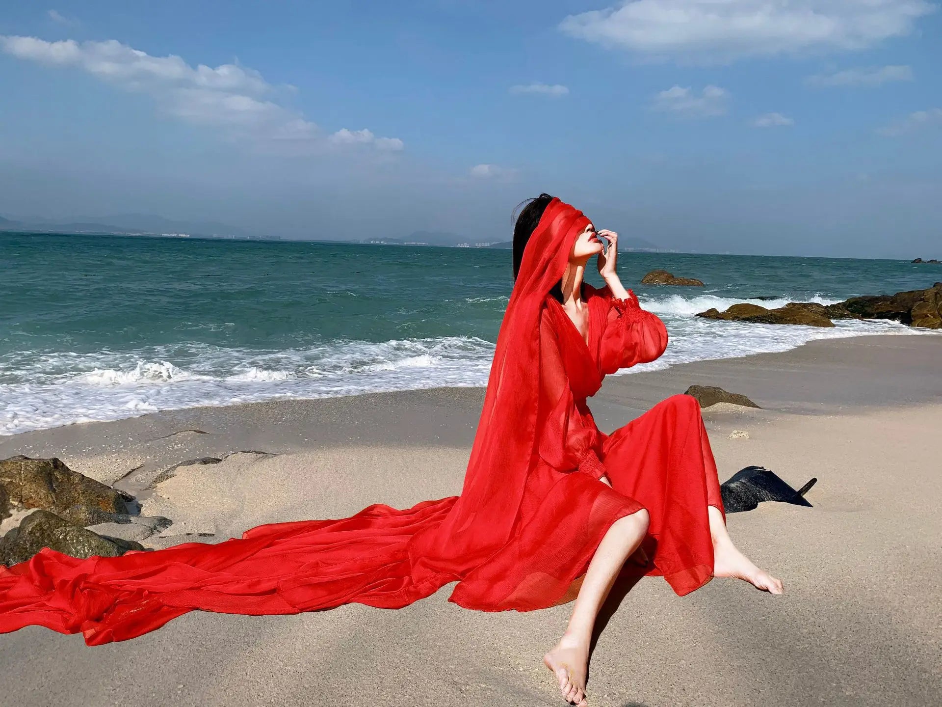 Khalee Yose Vintage Chic Boho Red Maxi Dress V-neck Long Sleeve Women Sexy Ladies Ruffles Holiday Beach Dresses Vestidos 23XXXL.