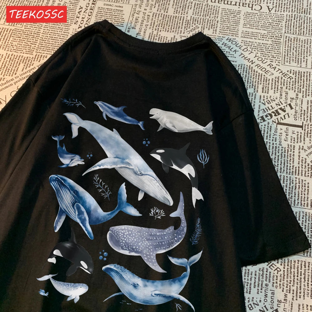 Fashion Cotton Women'S T-Shirts Ocean And Whales Printing Tops Oversize O-Neck Soft Short Sleeve Summer Casual Female Clothes.