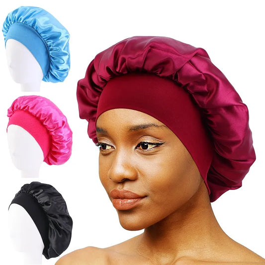 Satin Solid Wide-Brimmed Unisex Sleeping Hat - Elastic Band Hair Care Bonnet for Night Use.