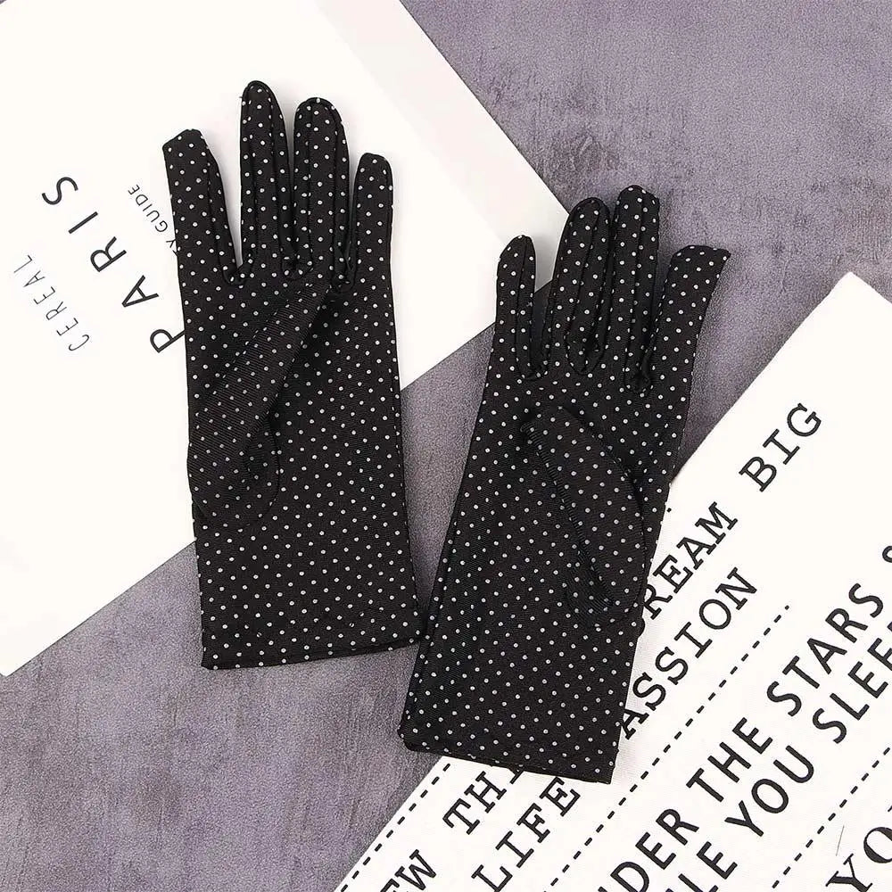 Fashionable Women's Spandex Driving Gloves for Summer Sunscreen Protection with Dots Design.