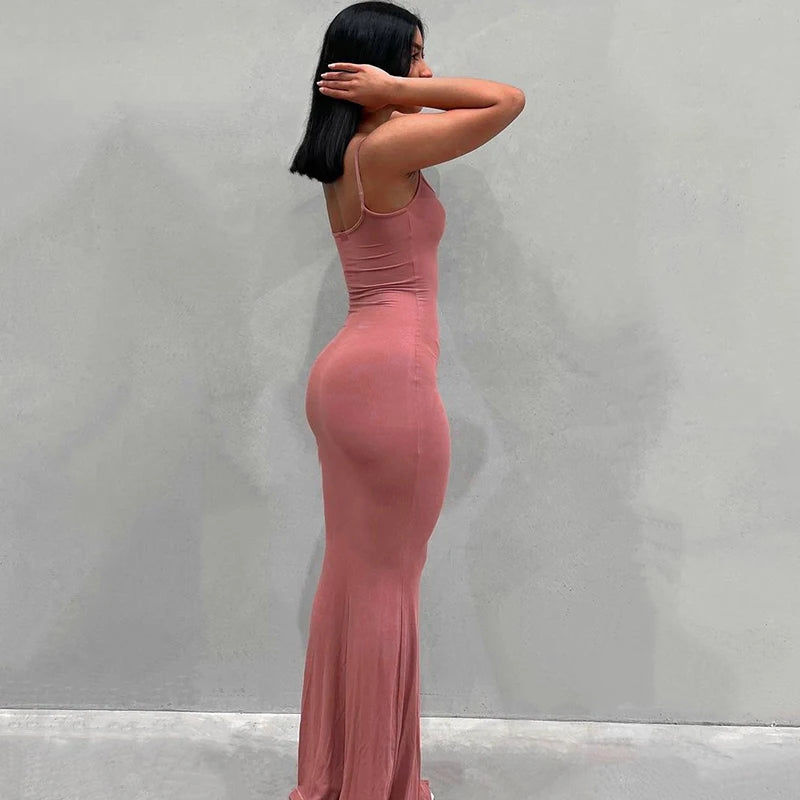 Women Backless Sexy Maxi Dress 2022 Spring Satin Slip Sleeveless Slim Party Concise платье Female Bodycon Dress Elegant Clothing - Elevate Your Body