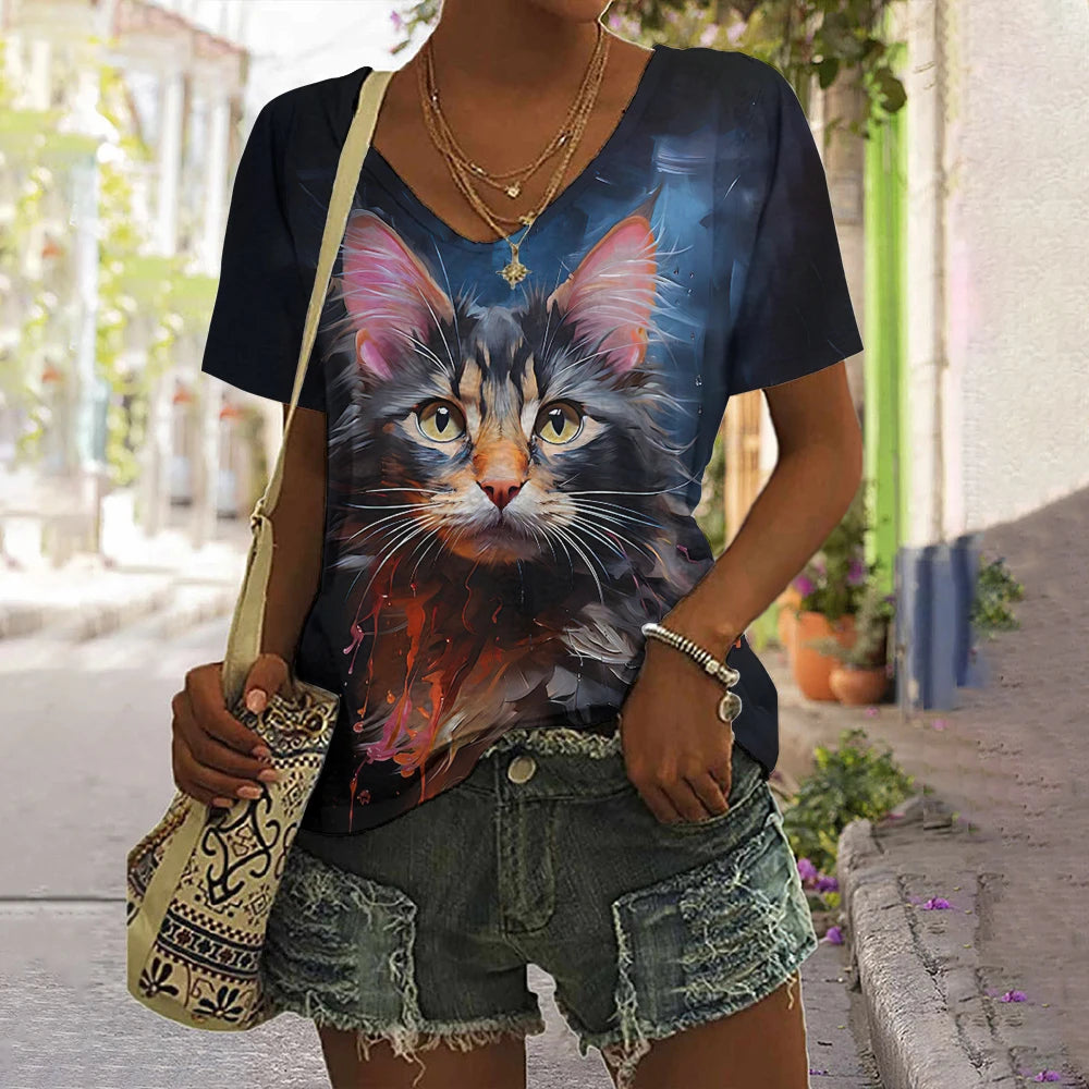 Summer Women's T Shirt Anger Cat Print Casual Short Sleeve 3d T Shirts Streetwear Crew Neck Pullover Oversized Female Clothing.