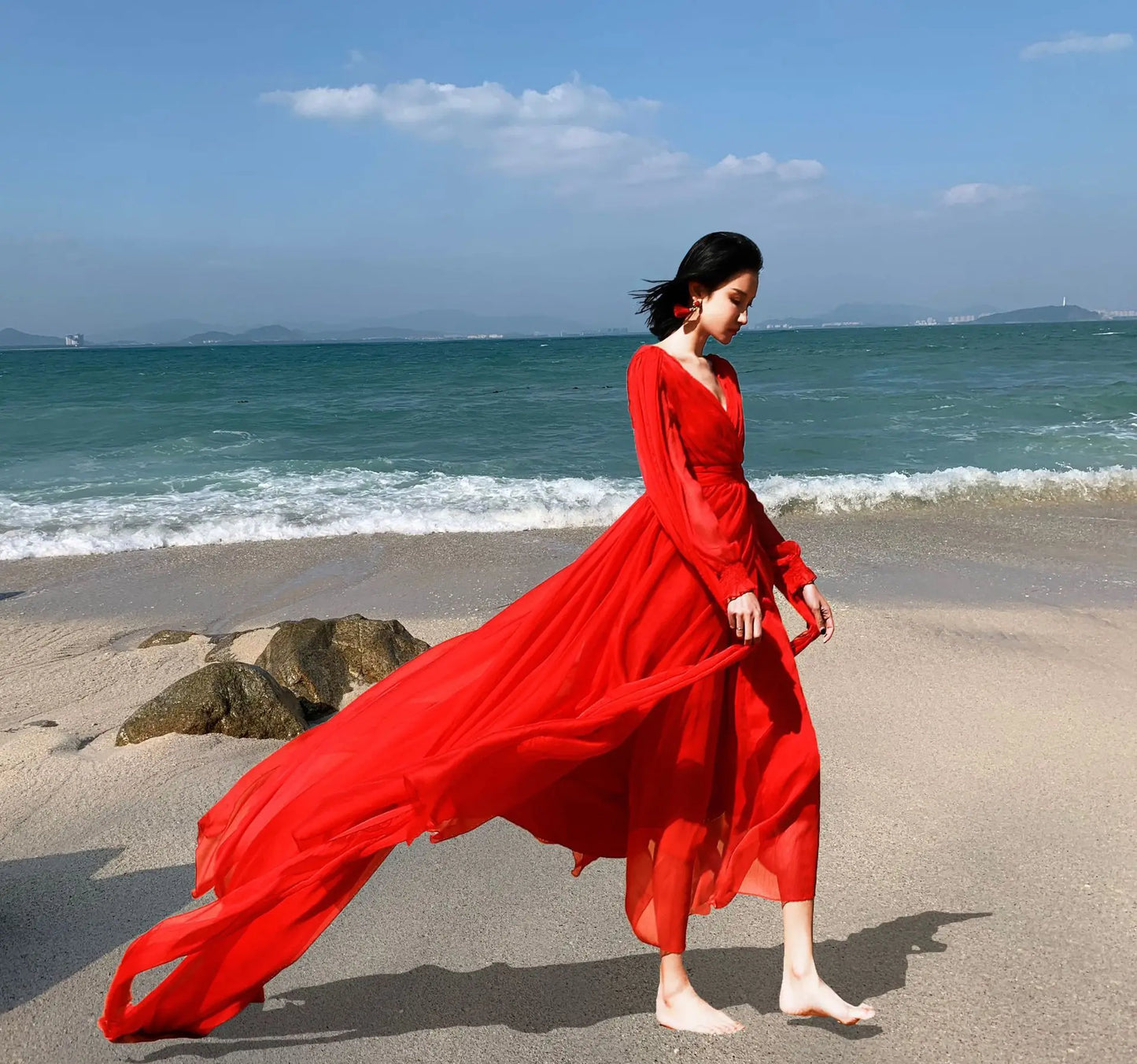 Khalee Yose Vintage Chic Boho Red Maxi Dress V-neck Long Sleeve Women Sexy Ladies Ruffles Holiday Beach Dresses Vestidos 23XXXL.