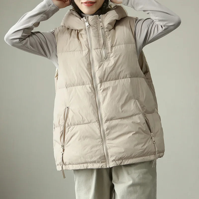 Schinteon Women White Duck Down Vest with Hood Autumn Winter Warm Over Size Casual Sleeveless Jacket Top Fashionable Gilet 2024.