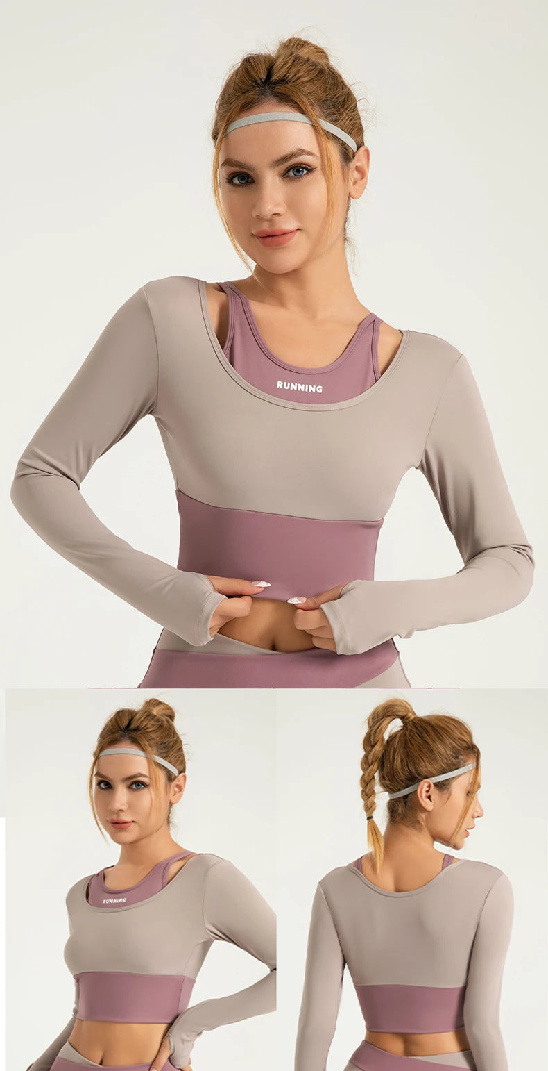 Women Yoga T-shirts Long Sleeve Gym Sport Top Fake Two-piece Built-in Cup Workout Running Shirts Sexy Exposed Navel Yoga Cloths.